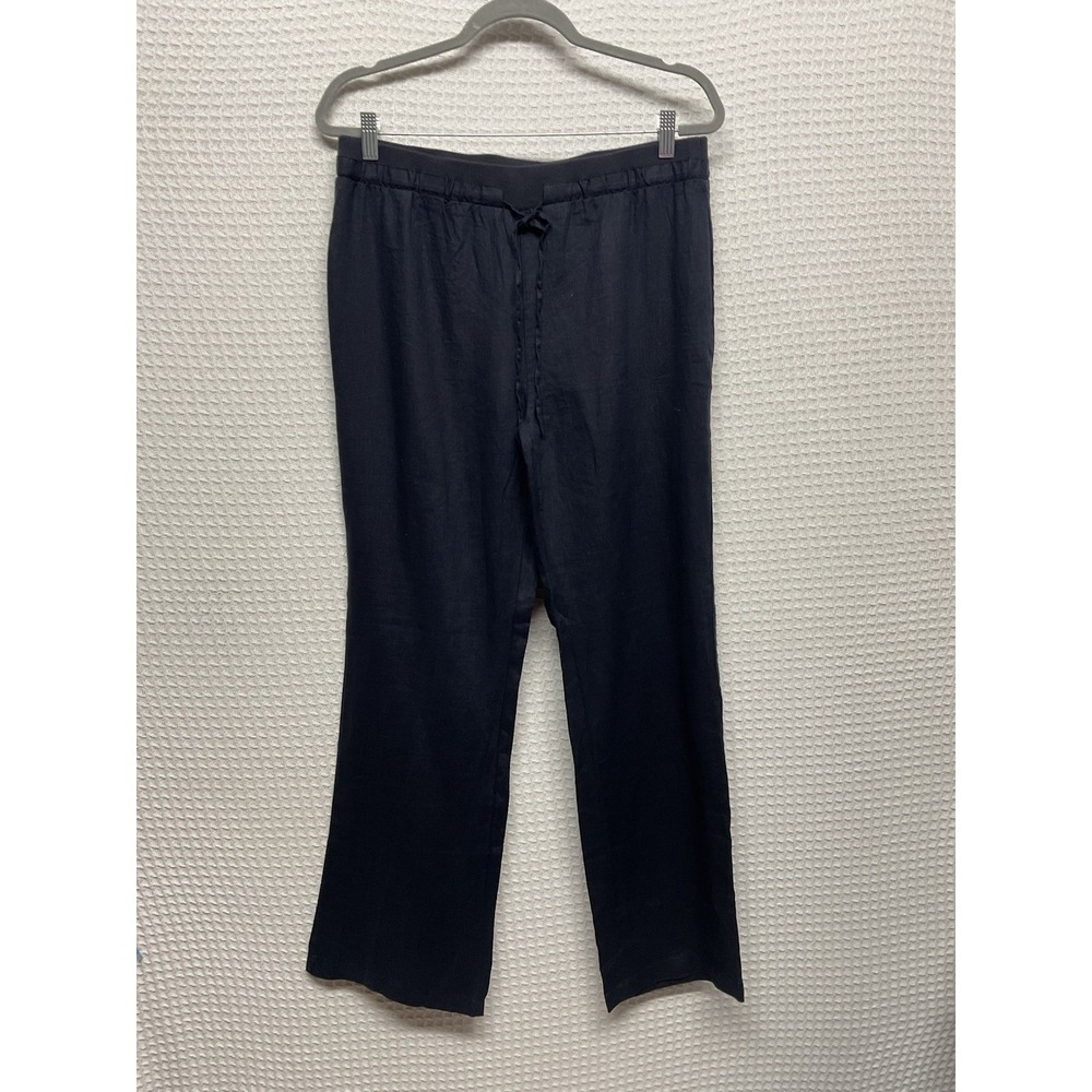 Ellen Tracy Pants Womens M Medium Navy Mid Rise Linen Elastic Waist Drawstring